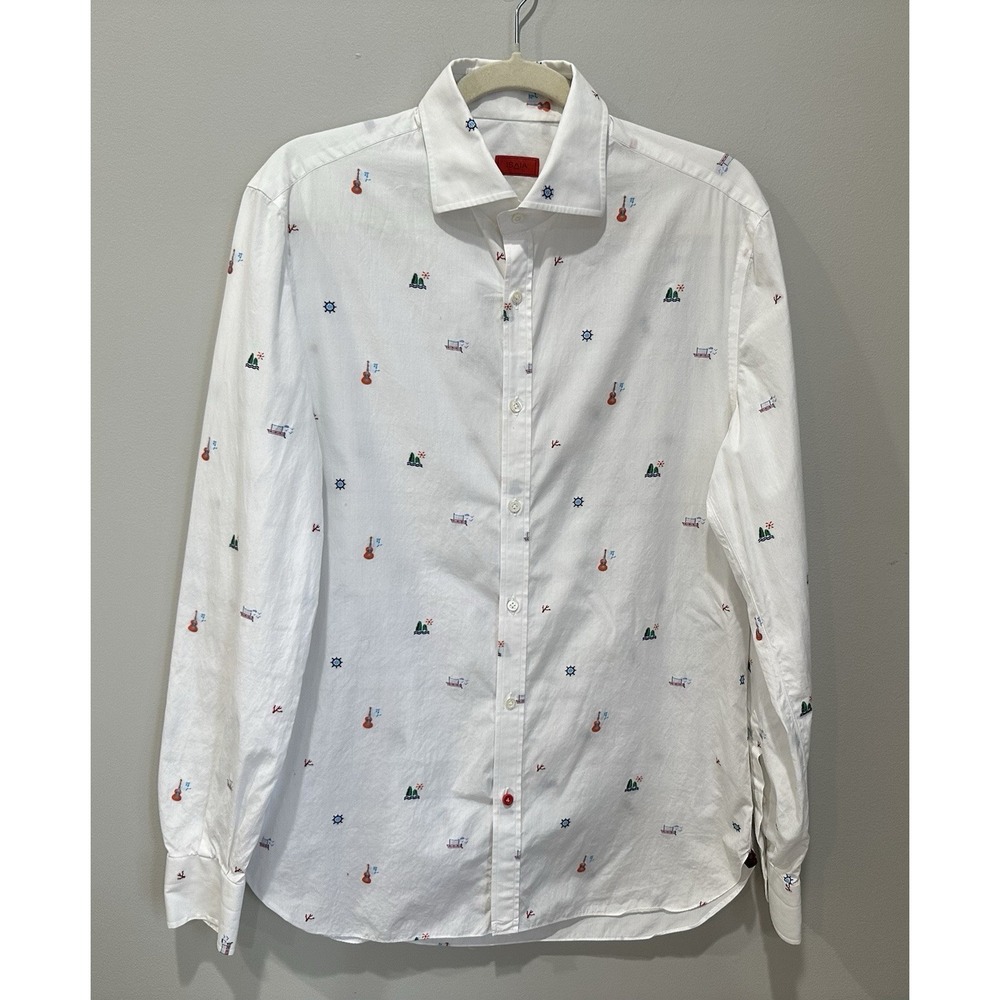 Isaia Napoli Shirt Men's 15.5/39 Medium White Embroidered Nautical Shirt Italy